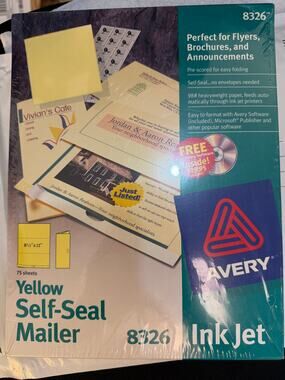 Avery 8326 Yellow Self-Seal Mailer Ink Jet 75 Ct NEW SEALED Discontinued NOS